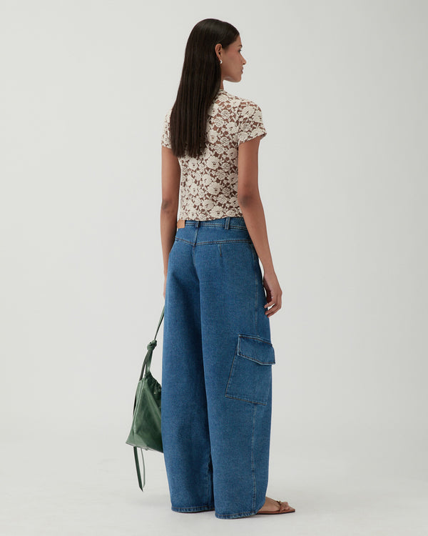 Rejina Pyo Adina T-Shirt Cotton Blend Floral Lace Brown