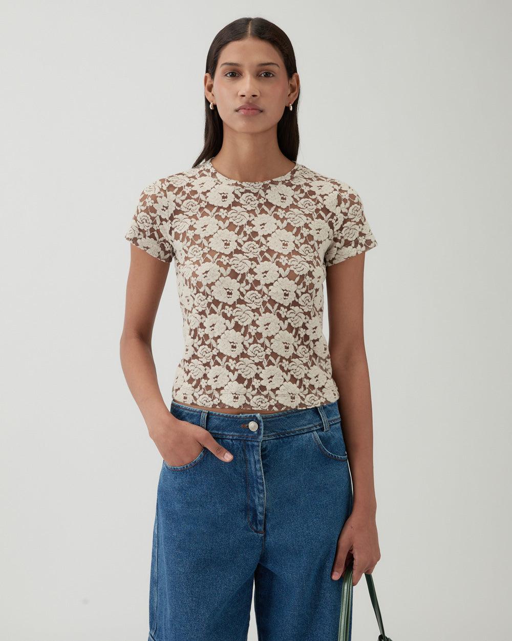 rejina pyo Adina T-Shirt Cotton Blend Floral Lace Brown