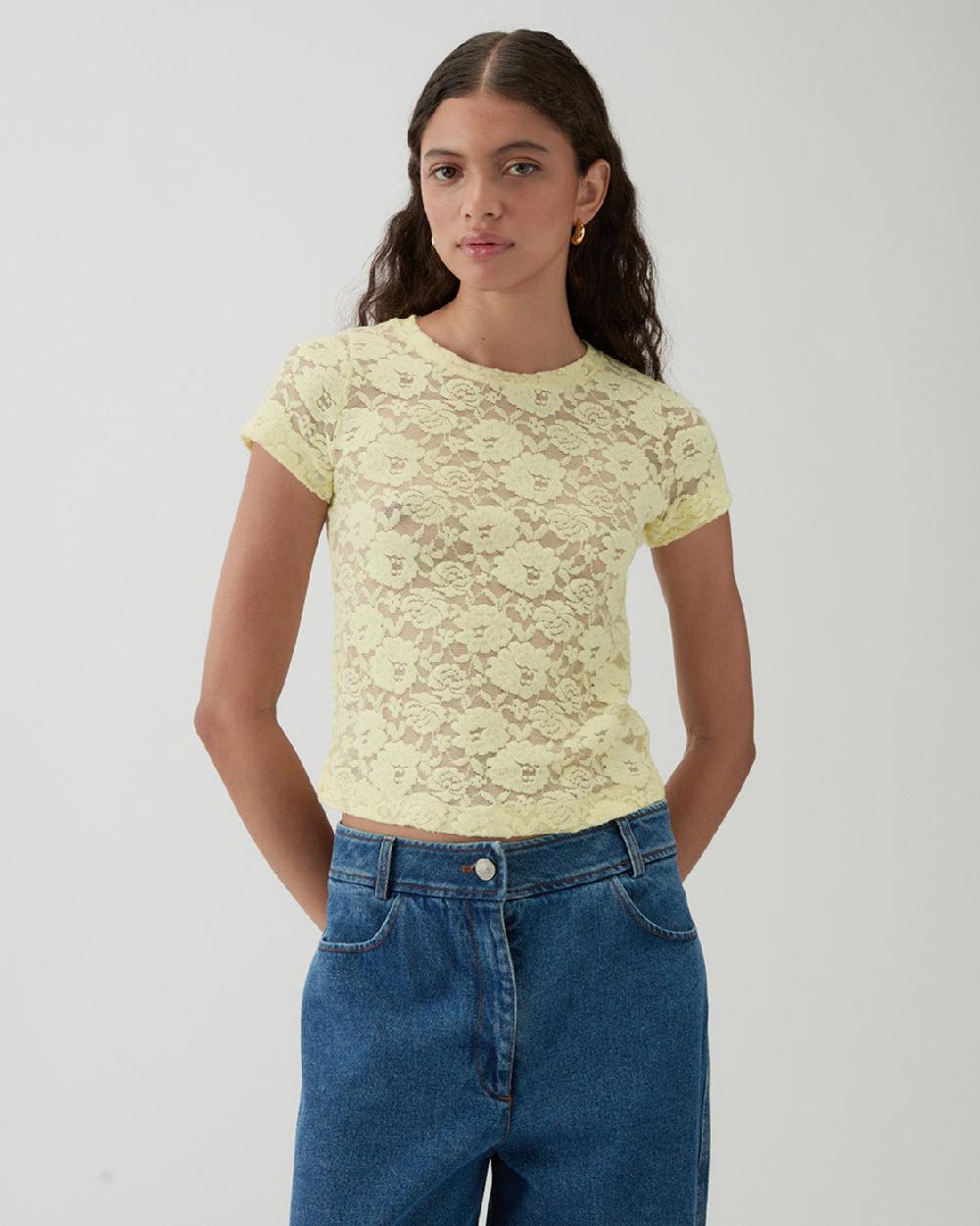 rejina pyo Adina T-Shirt Cotton Blend Floral Lace Yellow