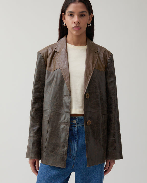 Rejina Pyo Andrea Jacket Faux Leather Distressed Brown