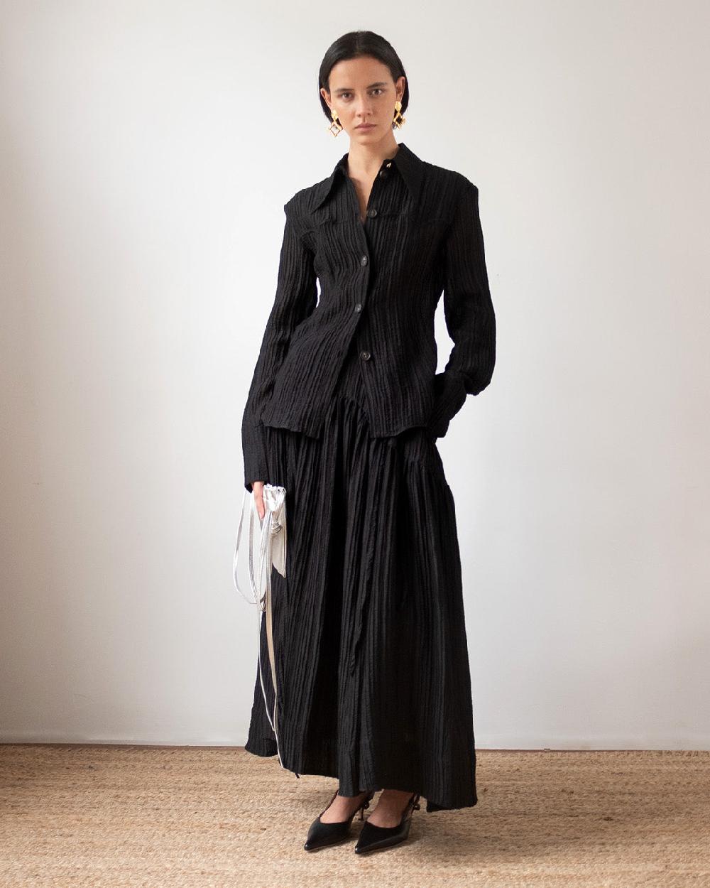 rejina pyo Anika Skirt Tencel Blend Seersucker Black