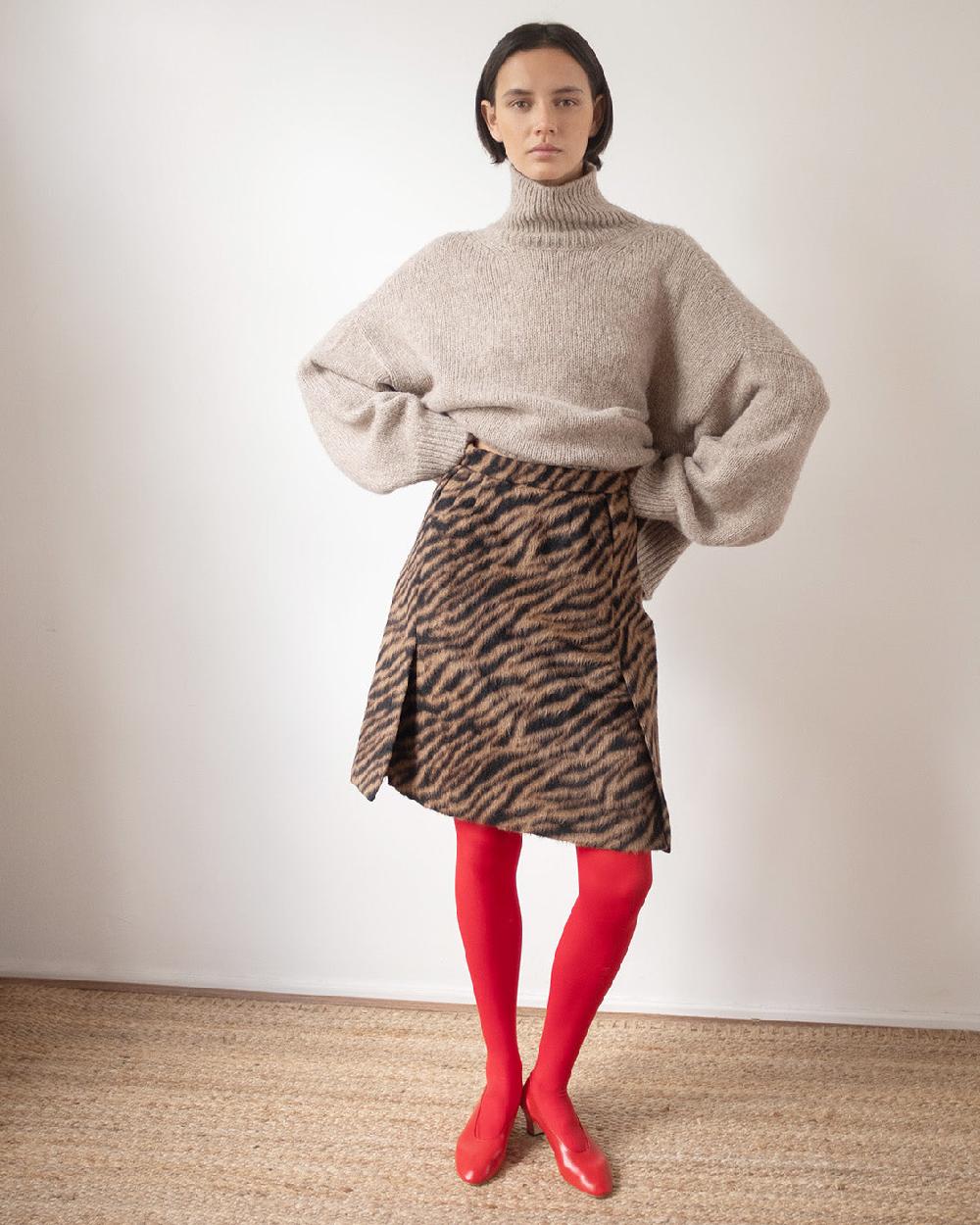 rejina pyo Cecily Skirt Wool Blend Jacquard Tiger Beige