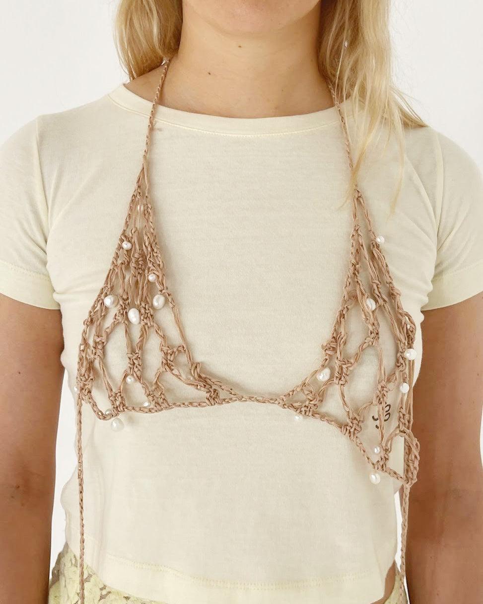 rejina pyo Crochet Bra Organic Cotton Tan with Faux Pearls