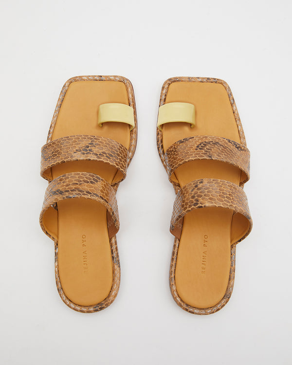 Rejina Pyo Larissa Flat Sandal 10mm Leather Print Snake Brown