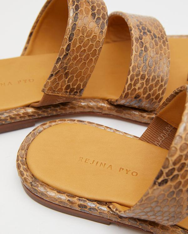 Rejina Pyo Larissa Flat Sandal 10mm Leather Print Snake Brown