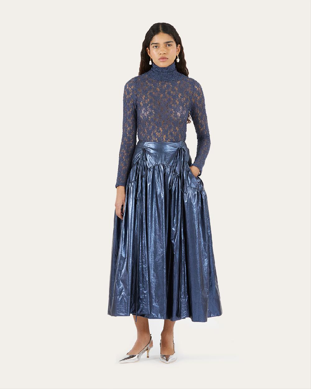 rejina pyo Anika Skirt Lamé Metallic Navy