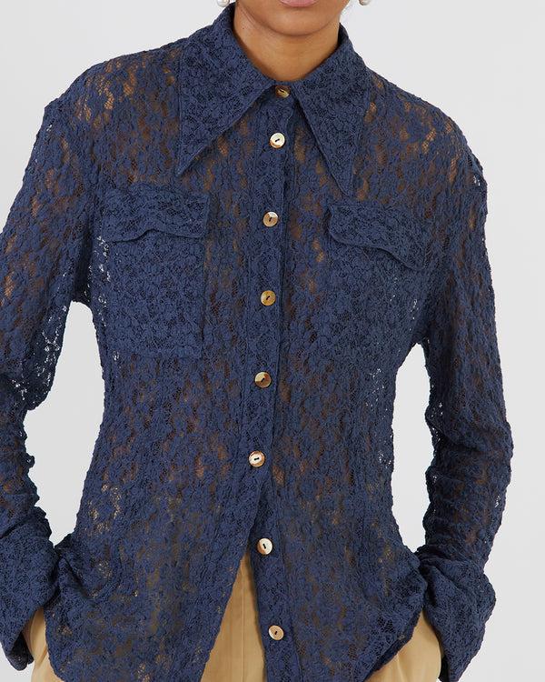 Rejina Pyo Camille Shirt Cotton Blend Lace Navy