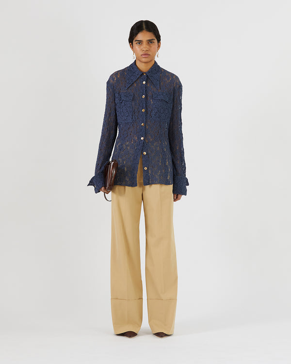 Rejina Pyo Camille Shirt Cotton Blend Lace Navy