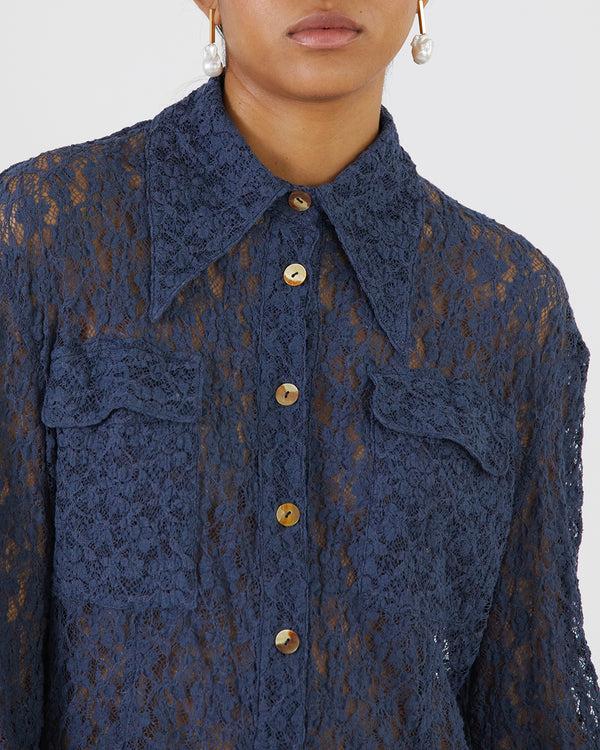 Rejina Pyo Camille Shirt Cotton Blend Lace Navy