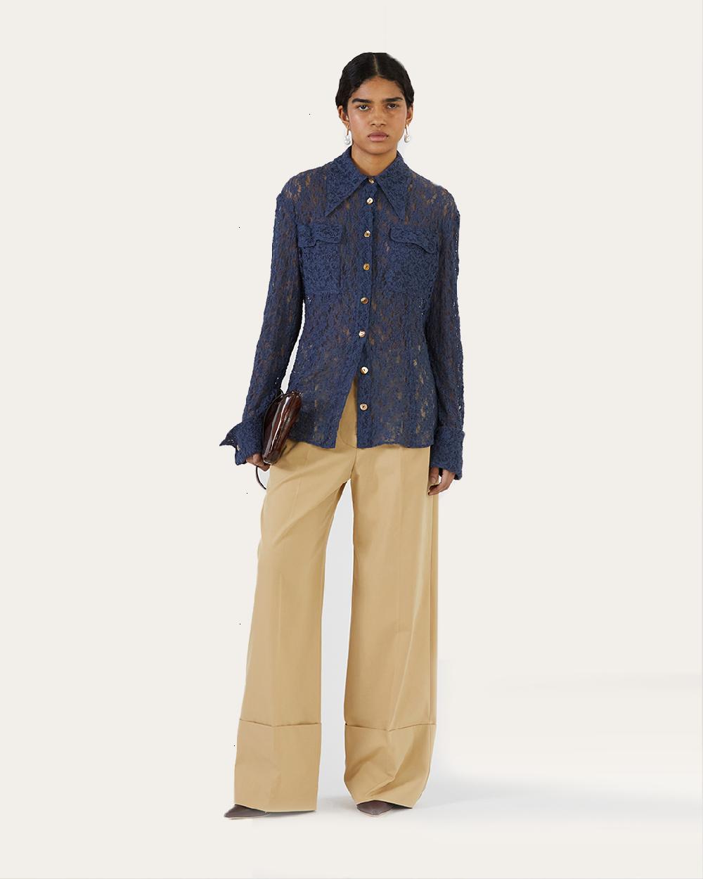 rejina pyo Camille Shirt Cotton Blend Lace Navy