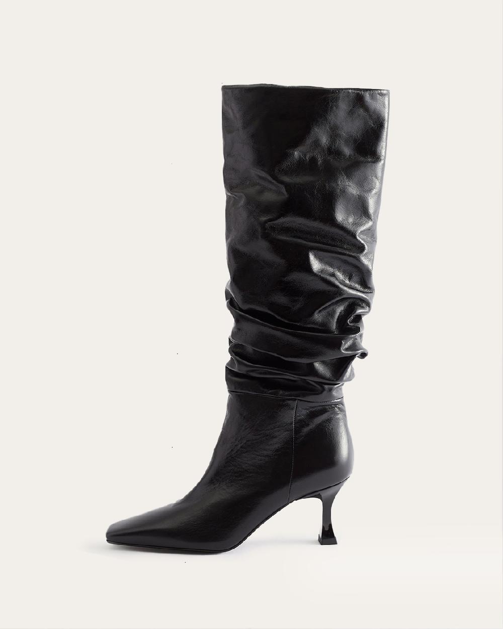 rejina pyo Slouchy Knee High Boot Leather Crinkle Shiny Black