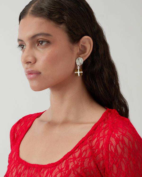 Rejina Pyo Squiggle Earrings Silver Plated With Tiger's Eye