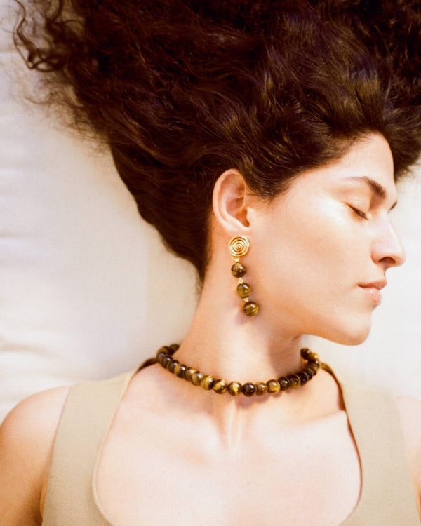 Rejina Pyo Swirl Droplet Earrings Gold Plated With Tiger's Eye