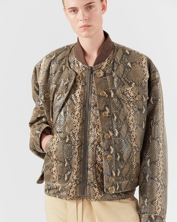 Rejina Pyo Wells Bomber Jacket Faux Leather Snake Effect Beige