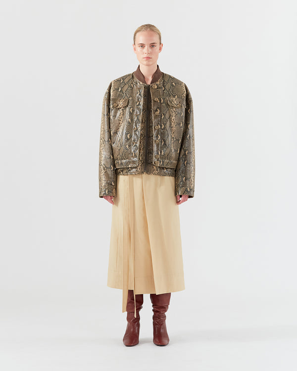 Rejina Pyo Wells Bomber Jacket Faux Leather Snake Effect Beige