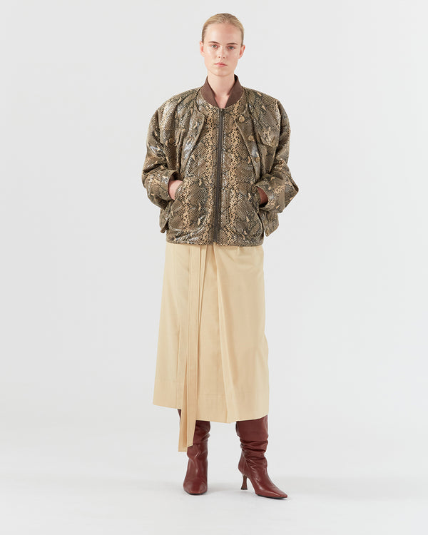 Rejina Pyo Wells Bomber Jacket Faux Leather Snake Effect Beige