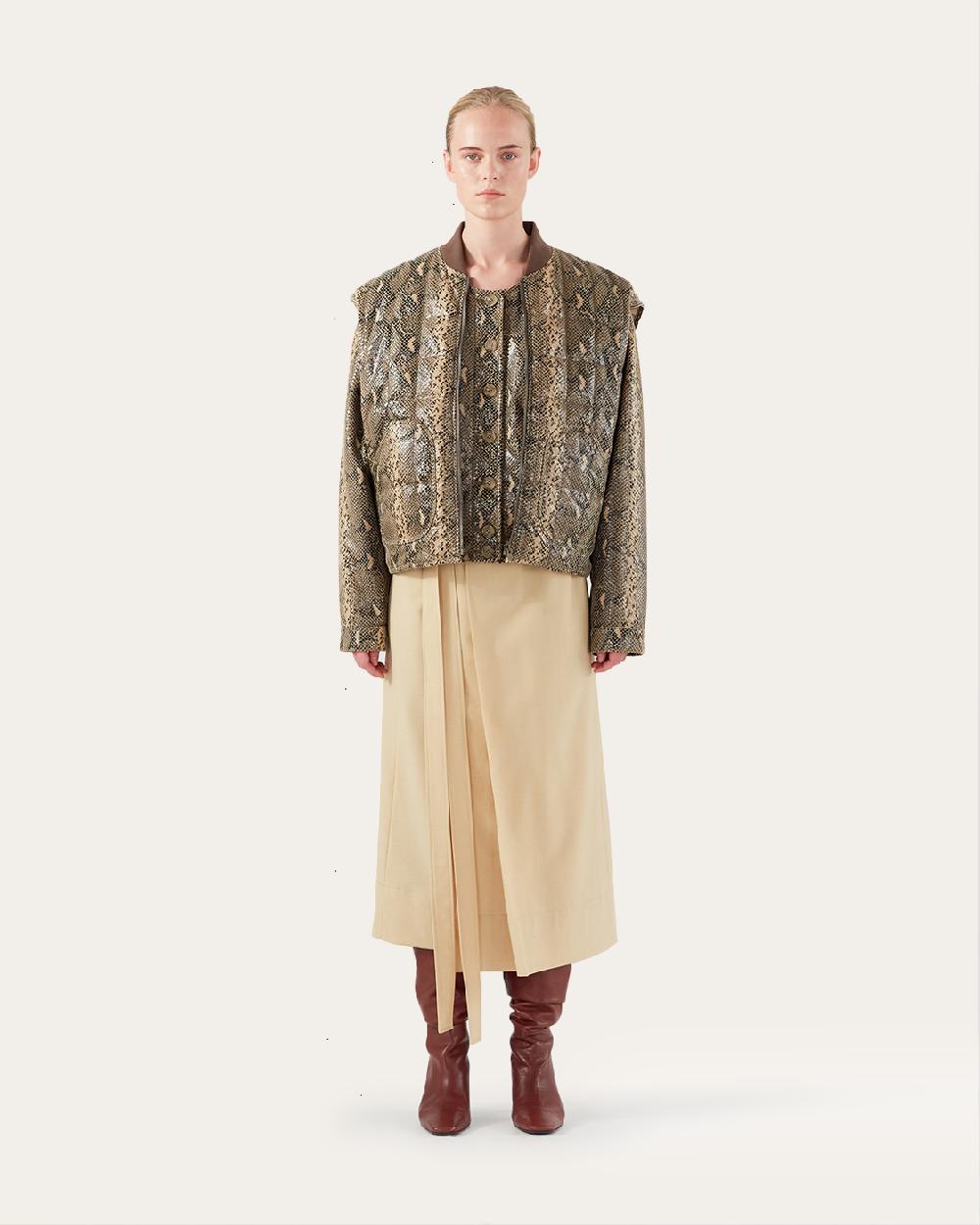 rejina pyo Wells Bomber Jacket Faux Leather Snake Effect Beige