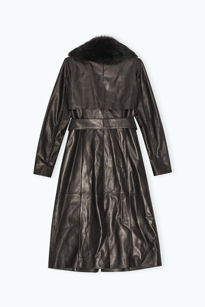 Remain Birger Christensen Leather Trench With Fur Collar Black