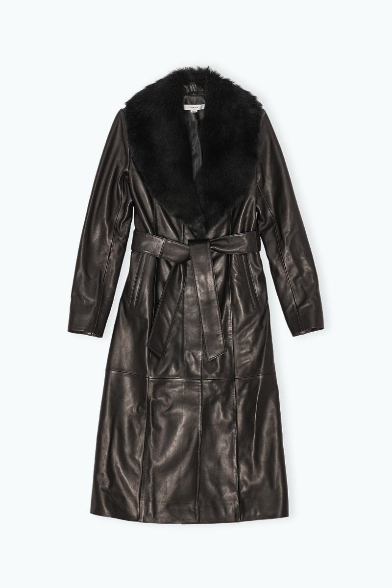 remain birger christensen Leather Trench With Fur Collar Black