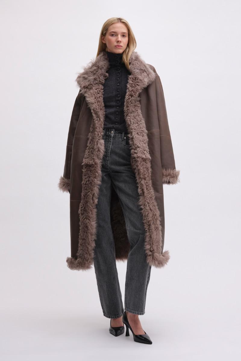 remain Birger Christensen Long Hair Shearling Coat Brown