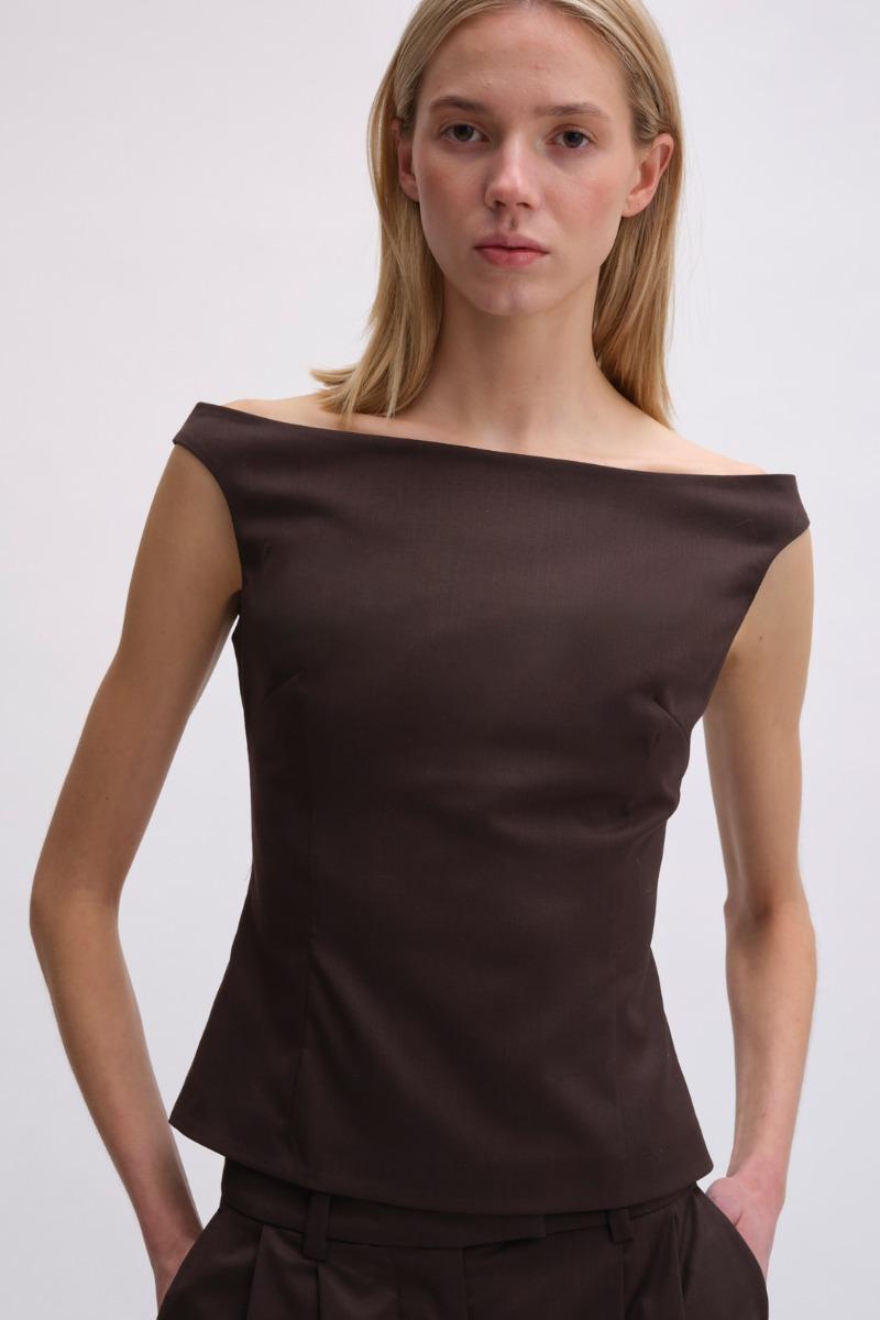 Remain Birger Christensen Off Shoulder Suiting Top Dark Brown