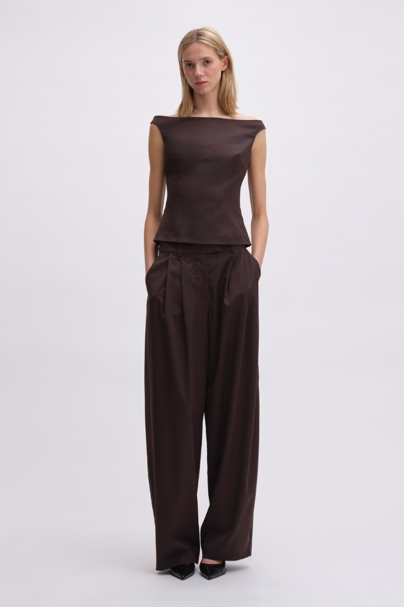 remain birger christensen Off Shoulder Suiting Top Dark Brown