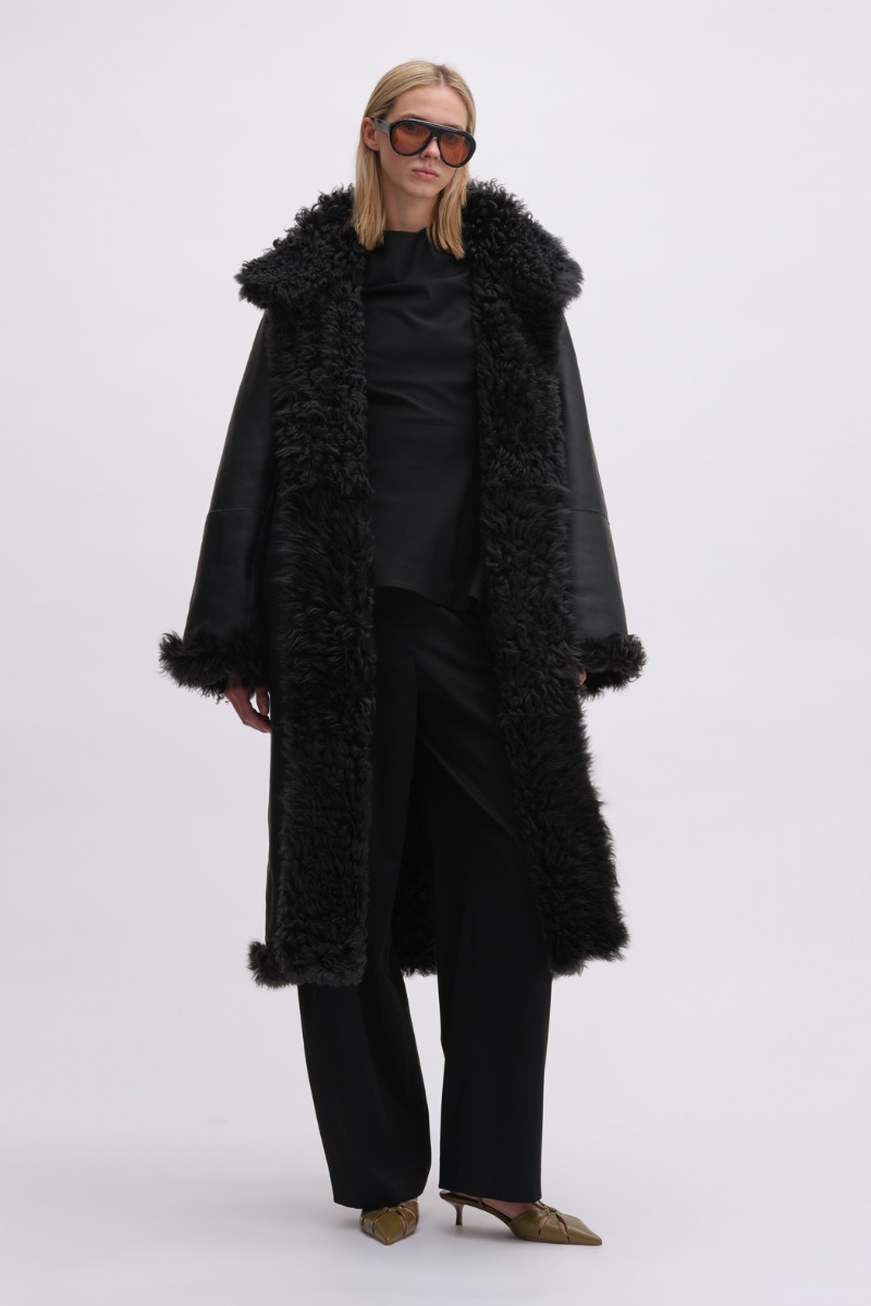 Remain Birger Christensen Reversible Long Hair Shearling Coat Black