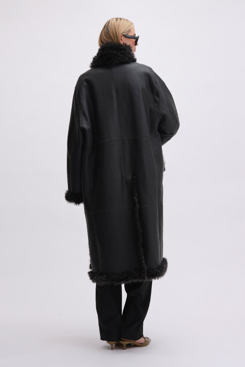 Remain Birger Christensen Reversible Long Hair Shearling Coat Black