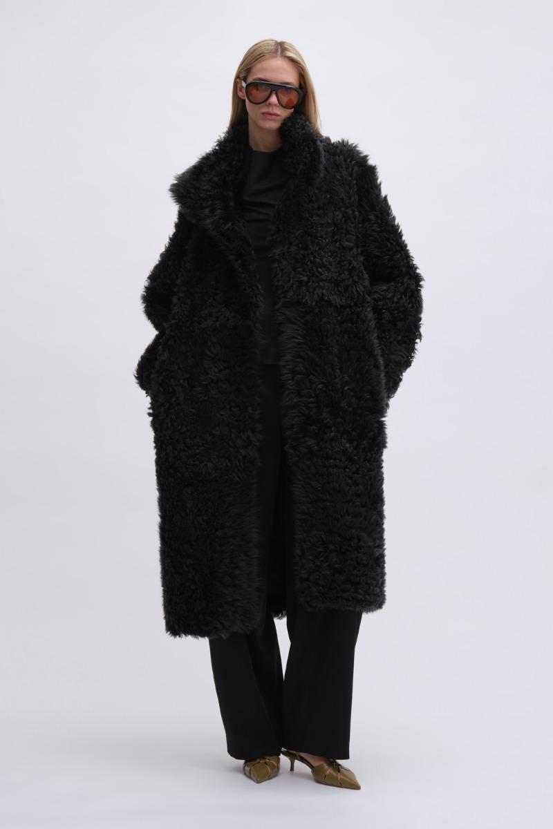 remain birger christensen Reversible Long Hair Shearling Coat Black