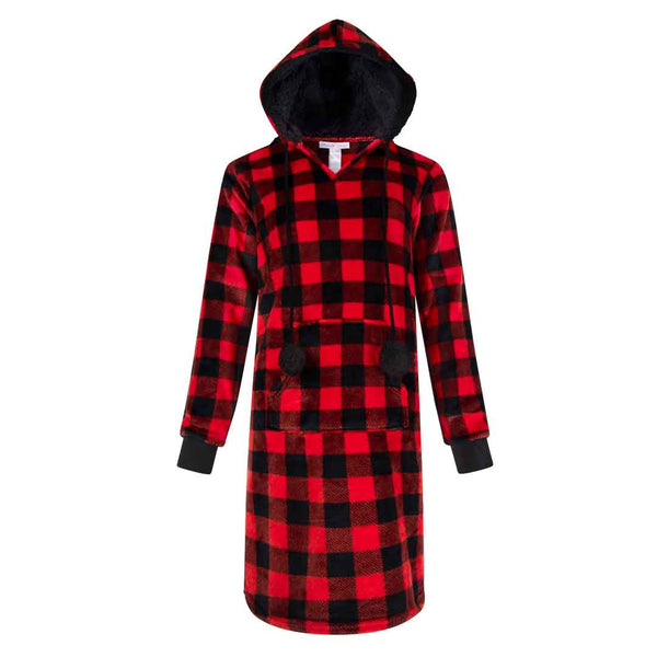 Rene Rofe Hoodie Fleece Pajama Sleepshirt Nightgown With Pom Poms