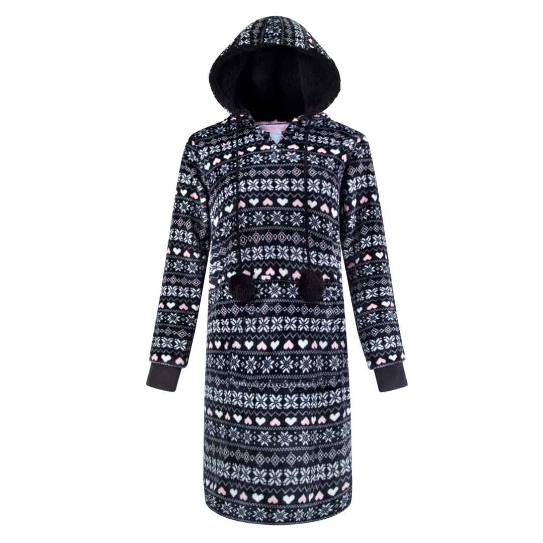 rene rofe Hoodie Fleece Pajama Sleepshirt Nightgown with Pom Poms