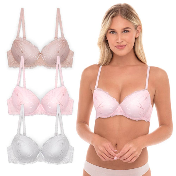 Rene Rofe Floral Lace Double Push Up Bra - 3 Pack