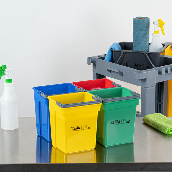 Restaurantware 1 RW Clean 4 Qt Green Cleaning Bucket 1 Blue Cleaning Bucket 1 Red Cleaning Bucket And 1 Yellow Cleaning Bucket