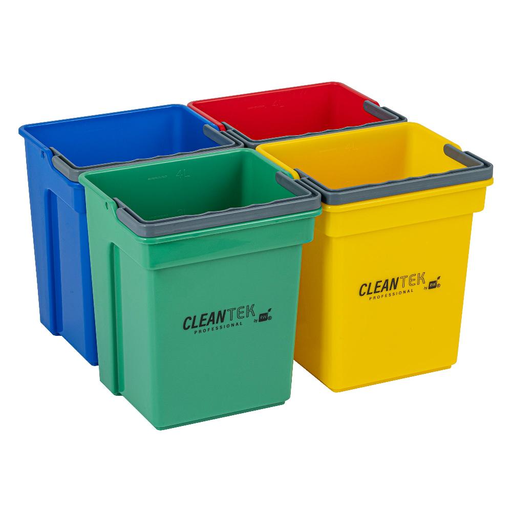 restaurantware 1 RW Clean 4 Qt Green Cleaning Bucket 1 Blue Cleaning Bucket 1 Red Cleaning Bucket and 1 Yellow Cleaning Bucket