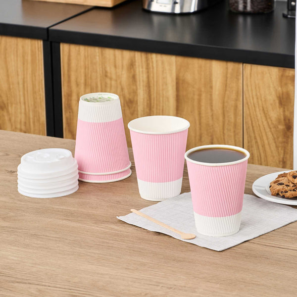 Restaurantware 12 Oz Light Pink Paper Coffee Cup - Ripple Wall - 3 1/2" X 3 1/2" X 4 1/4" - 500 Count Box
