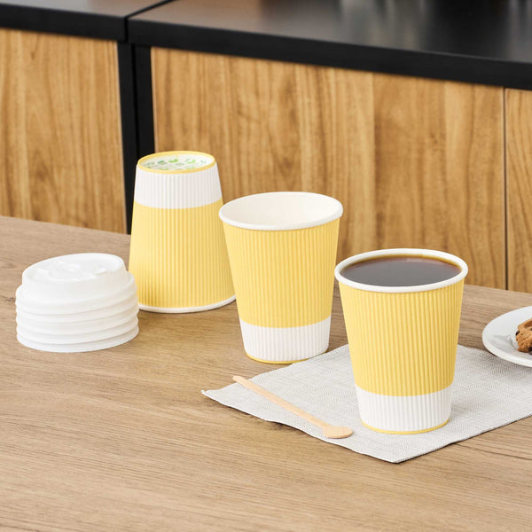 Restaurantware 12 Oz Light Yellow Paper Coffee Cup - Ripple Wall - 3 1/2" X 3 1/2" X 4 1/4" - 500 Count Box