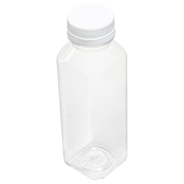 Restaurantware 12 Oz Square Clear Plastic Cold Pressed Juice Bottle - With Safety Cap - 2" X 2" X 6 1/2" - 100 Count Box