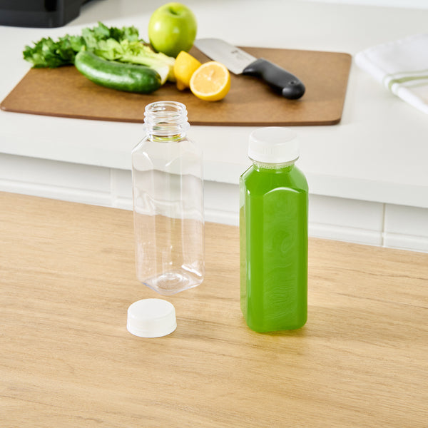 Restaurantware 12 Oz Square Clear Plastic Cold Pressed Juice Bottle - With Safety Cap - 2" X 2" X 6 1/2" - 100 Count Box