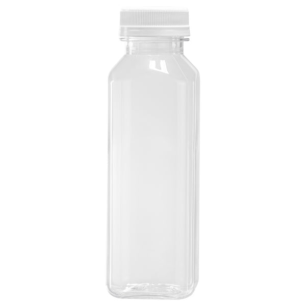 Restaurantware 12 Oz Square Clear Plastic Cold Pressed Juice Bottle - With Safety Cap - 2" X 2" X 6 1/2" - 100 Count Box