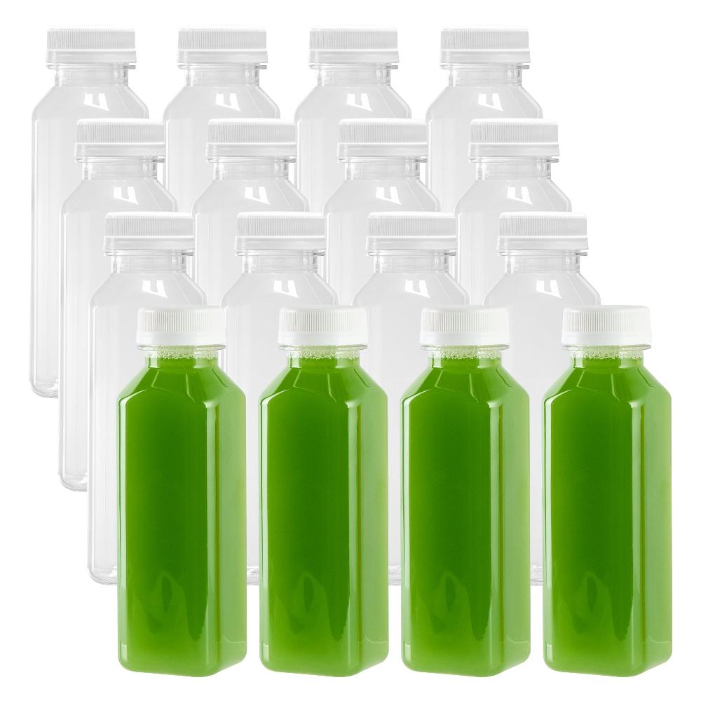 restaurantware 12 oz Square Clear Plastic Cold Pressed Juice Bottle - with Safety Cap - 2" x 2" x 6 1/2" - 100 count box