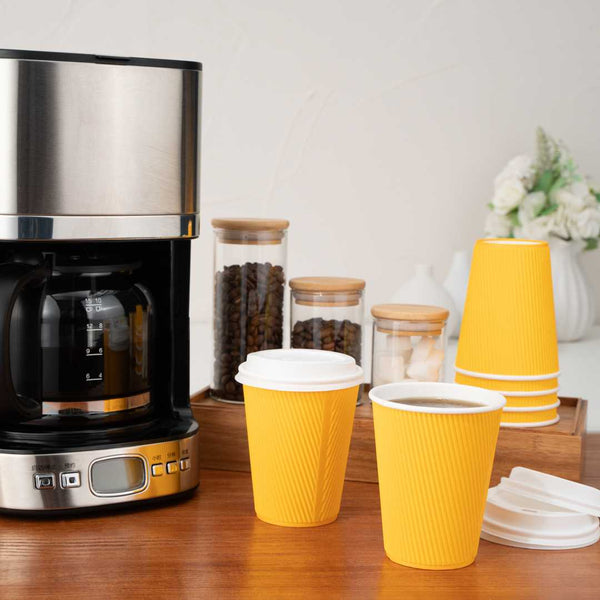 Restaurantware 12 Oz Yellow Paper Coffee Cup - Ripple Wall - 3 1/2" X 3 1/2" X 4 1/4" - 500 Count Box