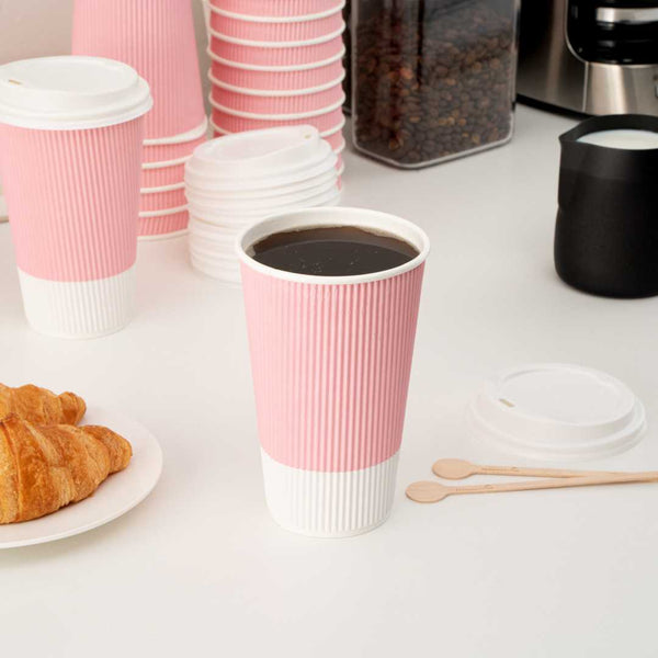 Restaurantware 16 Oz Light Pink Paper Coffee Cup - Ripple Wall - 3 1/2" X 3 1/2" X 5 1/2" - 500 Count Box