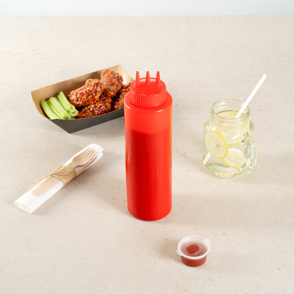 Restaurantware 32 Oz Red Plastic Ketchup Squeeze Bottle - With Triple Dispersion Tip - 6 Count Box