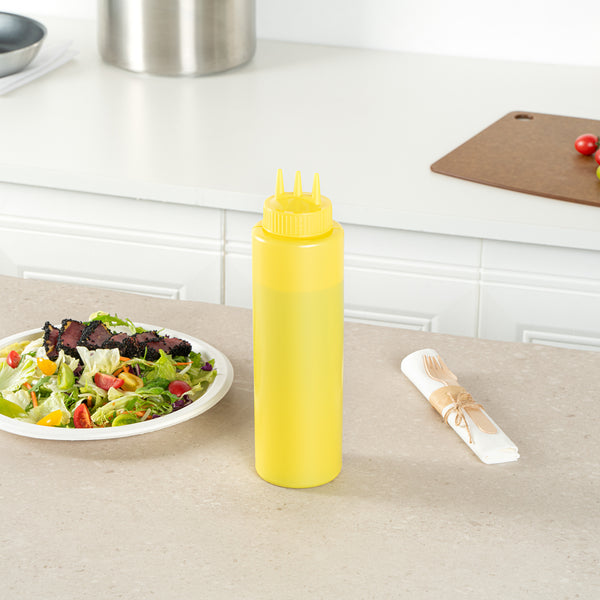 Restaurantware 32 Oz Yellow Plastic Mustard Squeeze Bottle - With Triple Dispersion Tip - 6 Count Box