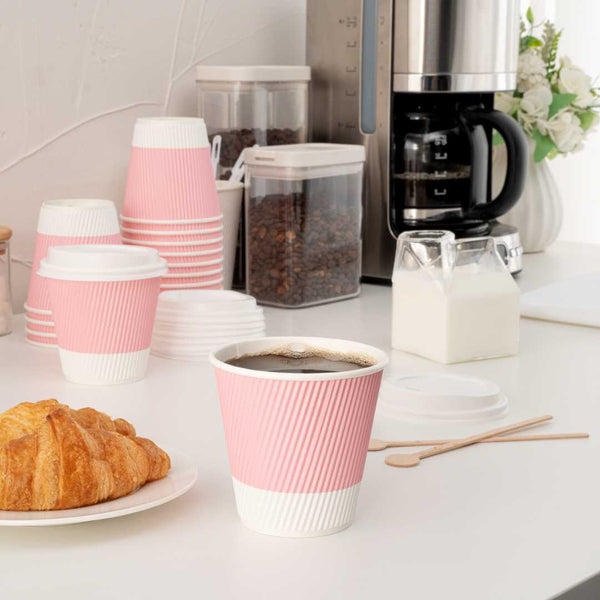 Restaurantware 8 Oz Light Pink Paper Coffee Cup - Ripple Wall - 3 1/2" X 3 1/2" X 3 1/4" - 500 Count Box