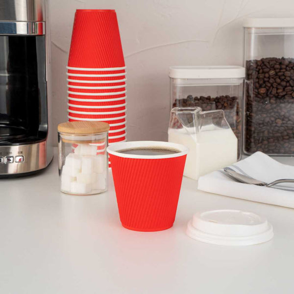 Restaurantware 8 Oz Red Paper Coffee Cup - Ripple Wall - 3 1/2" X 3 1/2" X 3 1/4" - 500 Count Box