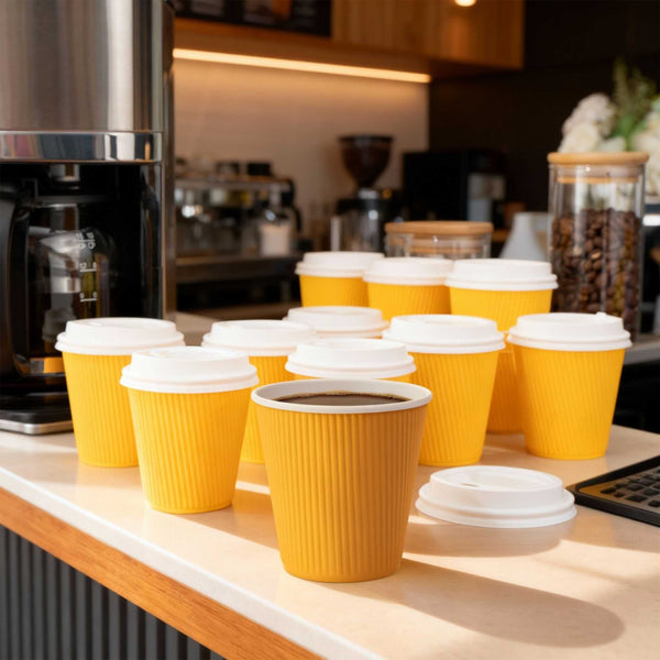Restaurantware 8 Oz Yellow Paper Coffee Cup - Ripple Wall - 3 1/2" X 3 1/2" X 3 1/4" - 500 Count Box
