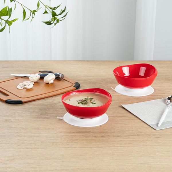 Restaurantware Adapt Tek 19 Oz Round Red Plastic Scoop Bowl - Spillproof With Suction Base - 5 3/4" X 5 3/4" X 3" - 20 Count Box