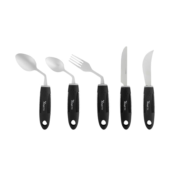Restaurantware Adapt Tek Black Stainless Steel 5-Piece Adaptive Offset Utensil Set - Right Hand Lightweight Non-Slip - 1 Count Box