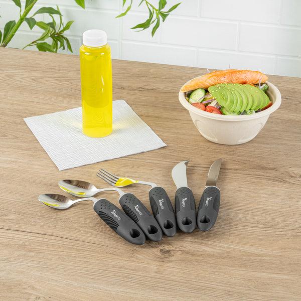 Restaurantware Adapt Tek Black Stainless Steel 5-Piece Adaptive Offset Utensil Set - Right Hand Lightweight Non-Slip - 1 Count Box